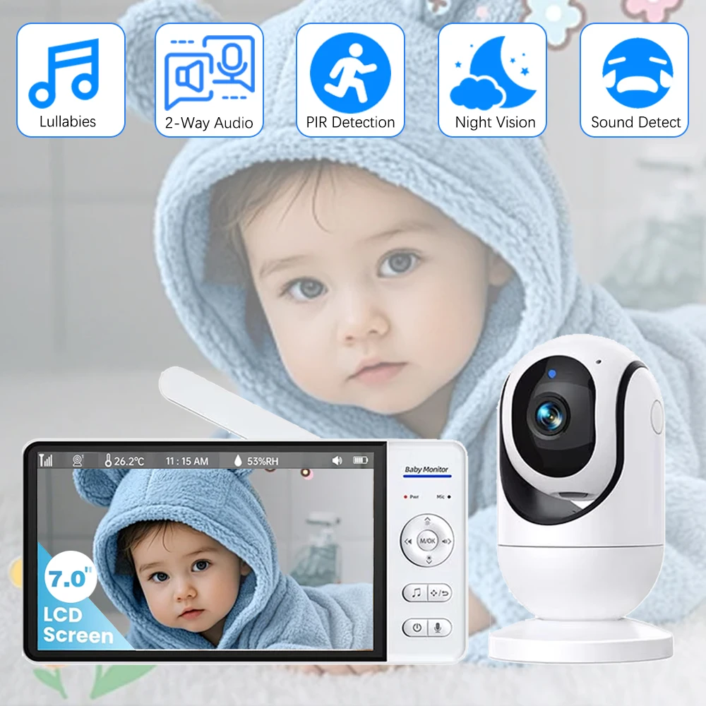 

Smart 7.0 Inch Screen Baby Monitor 5000mAh Battery Indoor Security Sound Detection Video Surveillance Temperature Lullabies Cam