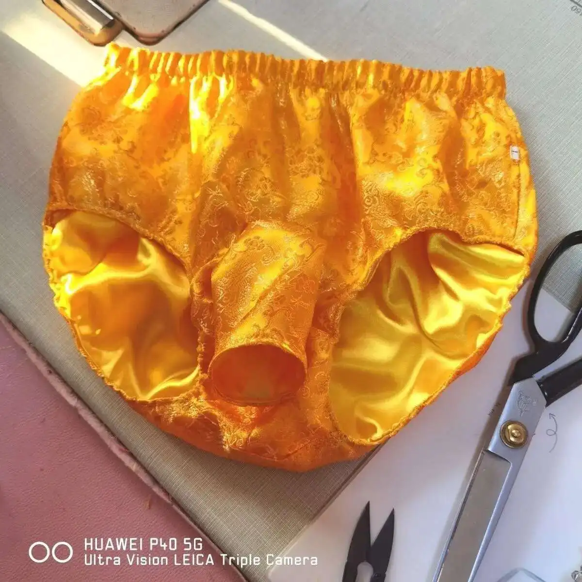 

Plus Size Underwear Sexy Men Briefs Gold Glossy Floral Ice Silk Satin Lingerie Panties