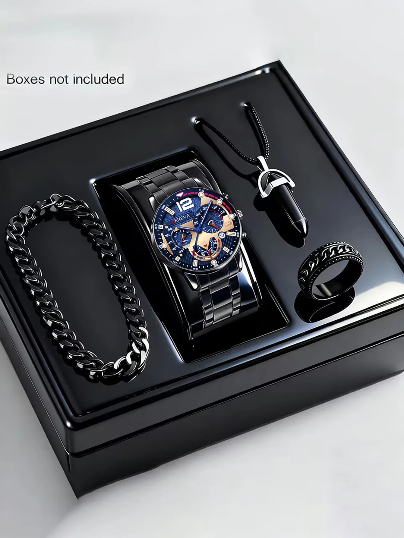 Men's Trendy Quartz Watch Set with Bracelet Necklace Ring Calendar Function Birthday Gift Not including Box