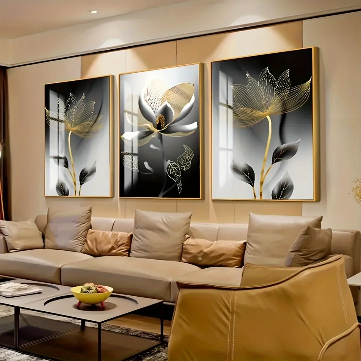 Three Pieces of Modern Luxury Floral Paintings, Canvas, Decorative Art for The Living Room, No Framed.