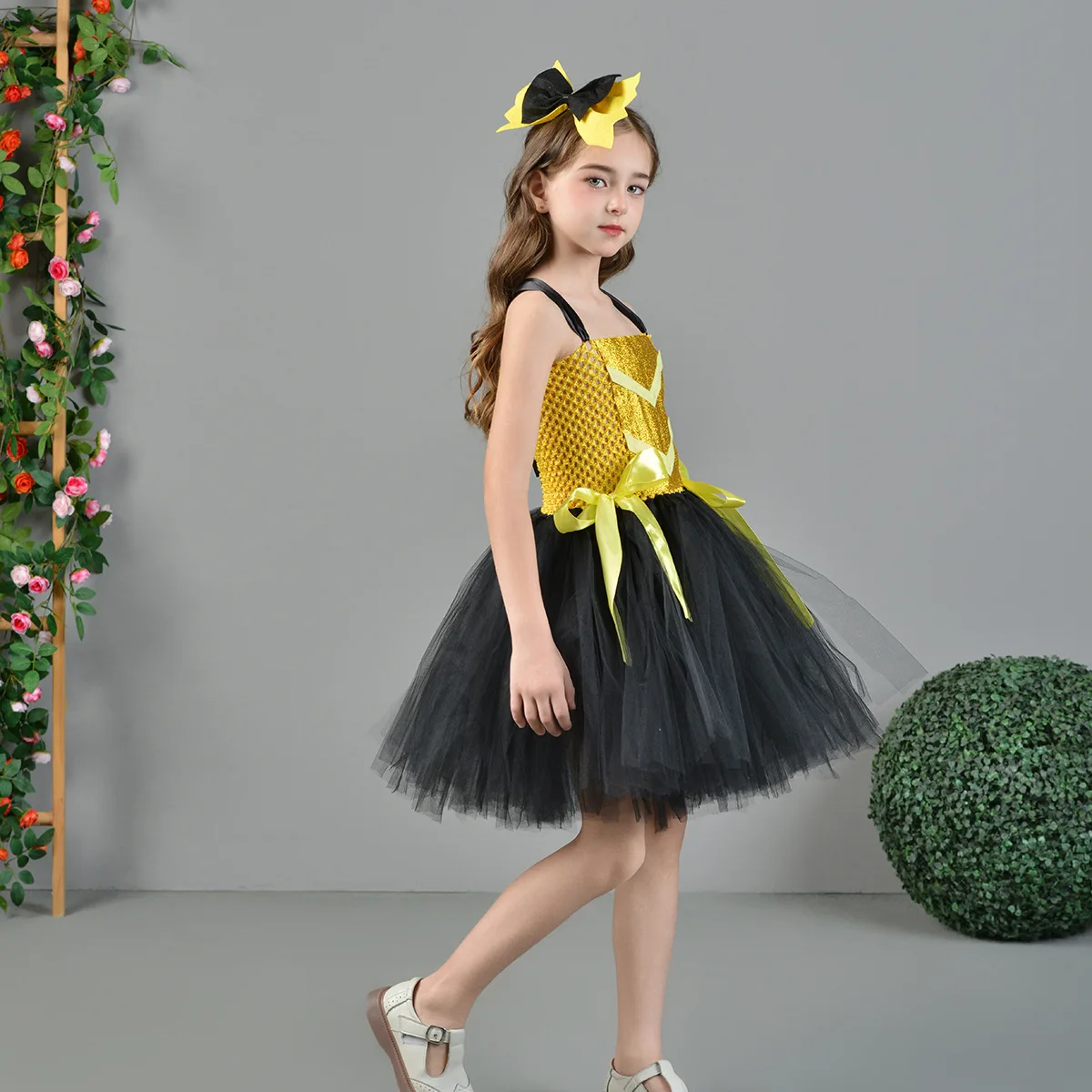 Theeper Yellow Black Contrast Tulle Tutu Dress Halloween Stage Gown Sparkle Fabric Bodice Two Tone Fluffy Mesh Skirt for Adults