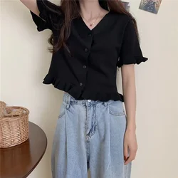 Woman TShirts Women's Knitwear Short Summer Top V-neck Short-Sleeved  Crop Top Mujer Camisetas