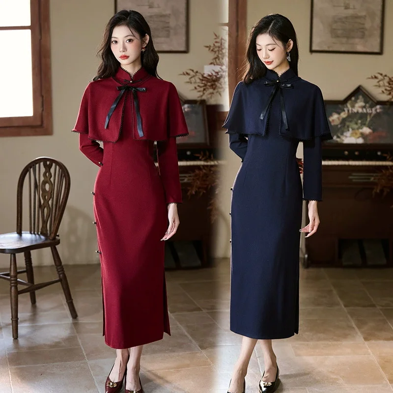 

Wine Red New Chinese Long sleeved Cheongsam 2025 New Slimming Autumn/Winter Mandarin Collar Vestios Qipao Dress