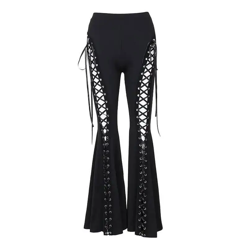 Pantalones de mujer, pantalones calados, novedad de verano 2021, pantalones acampanados a la moda urbana oscura para mujer, diseño de tiras con ojales sin forro