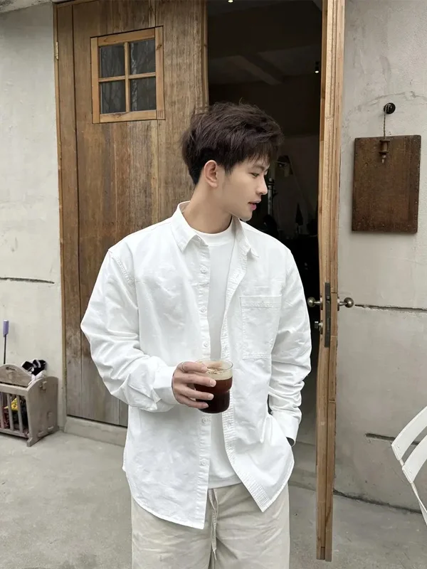 

Loose Long Sleeve Pure Cotton White Shirt Jacket for Men Spring Casual Couple's Shirt Youth Popular Style Spring 2026