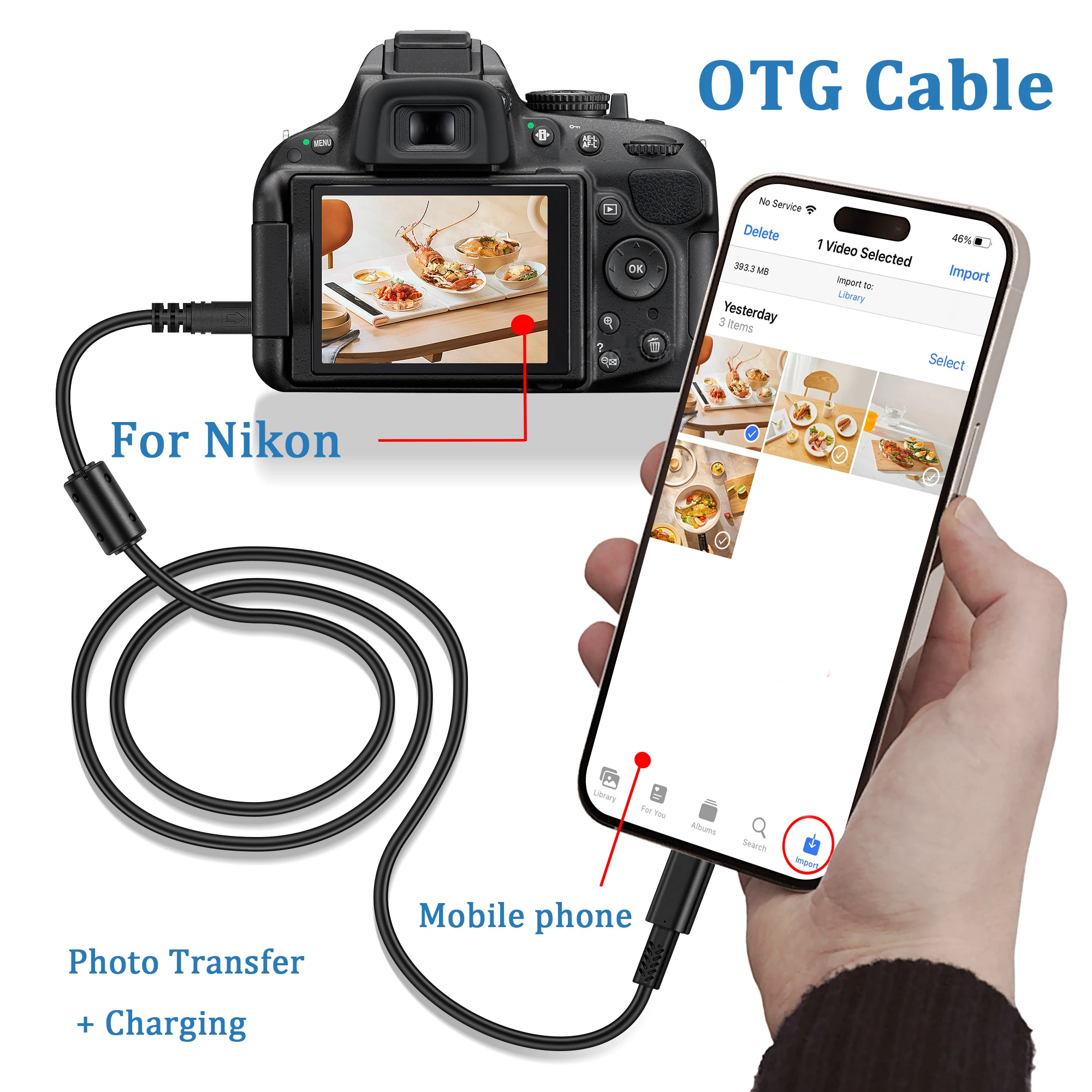 Cable OTG para Nikon y Canon a Smartphone para descargar fotos de la cámara Nikon al teléfono para Smartphone 14,13,12,11,8,7,6,XS