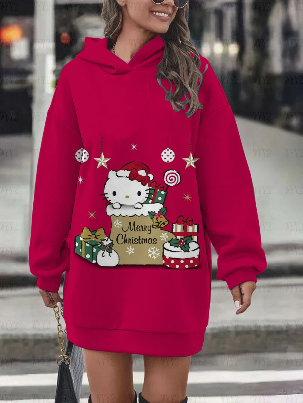 New Fashion Simple Street Style HelloKitty Cartoon Print Long Sleeve Hooded Sweater Dress Warm and Comfortable Women's Clothing