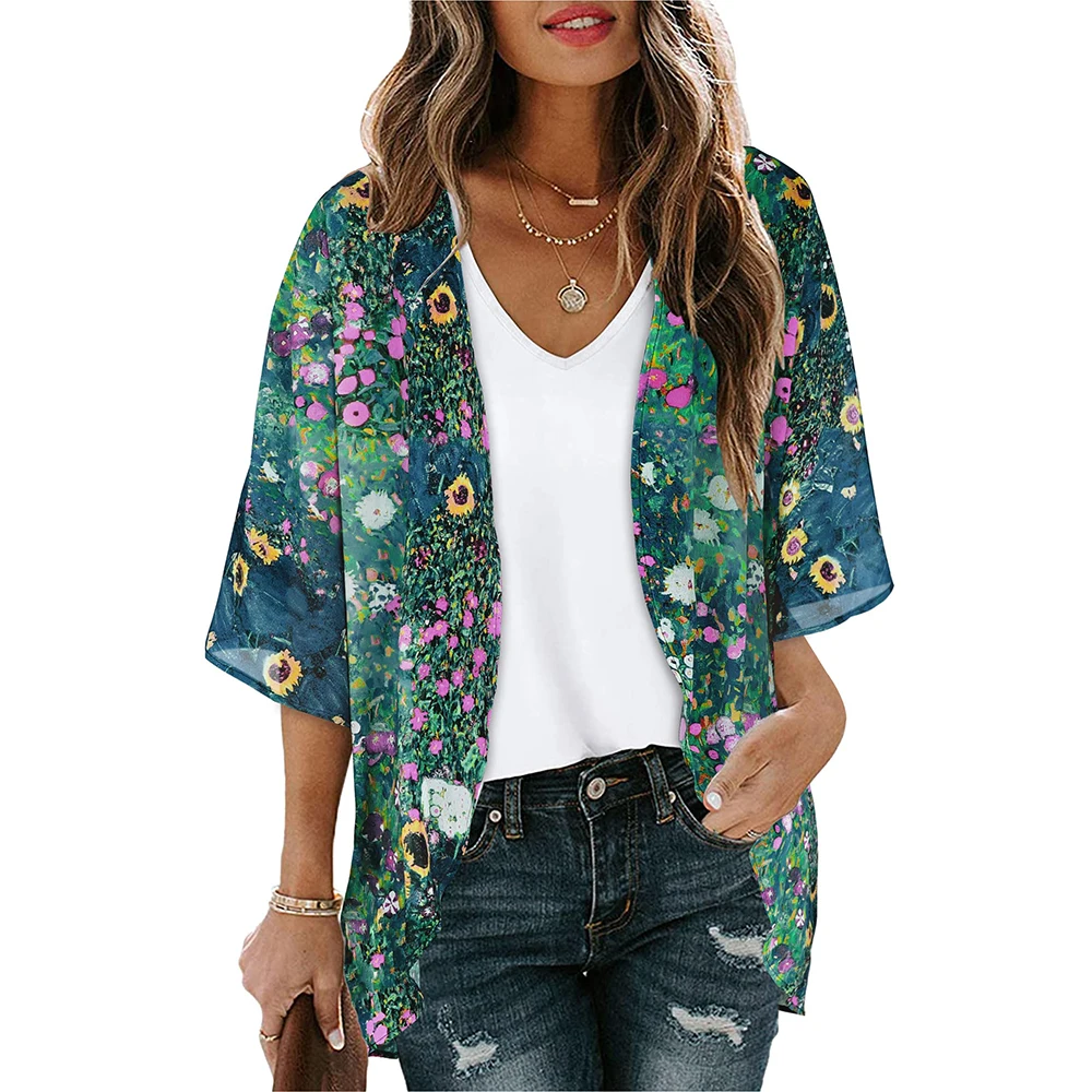 2023 Women Summer Bohemian Casual Cloak Cardigan for Swimsuit woman Beach Swimwear Tops Short Sleeved Shawl Chiffon Shirt