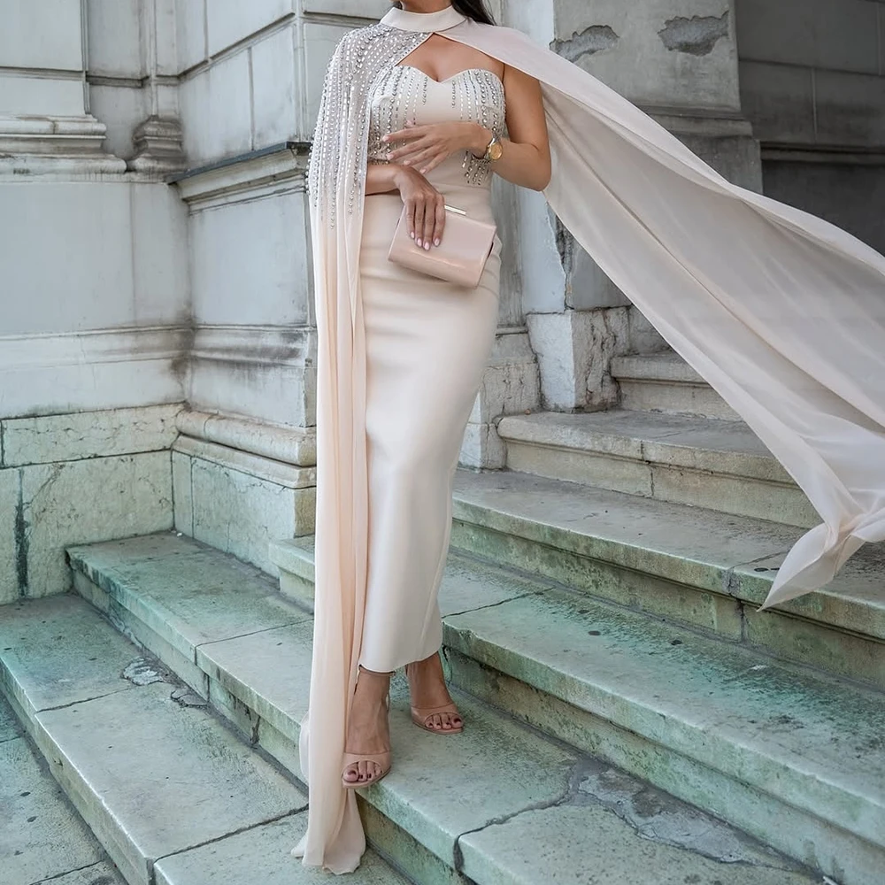 

Customized Straight Evening Dresses Floor-length High-neck Sleeveless Prom Gown Simple Fashion Crystal Stole Draped Party Gown