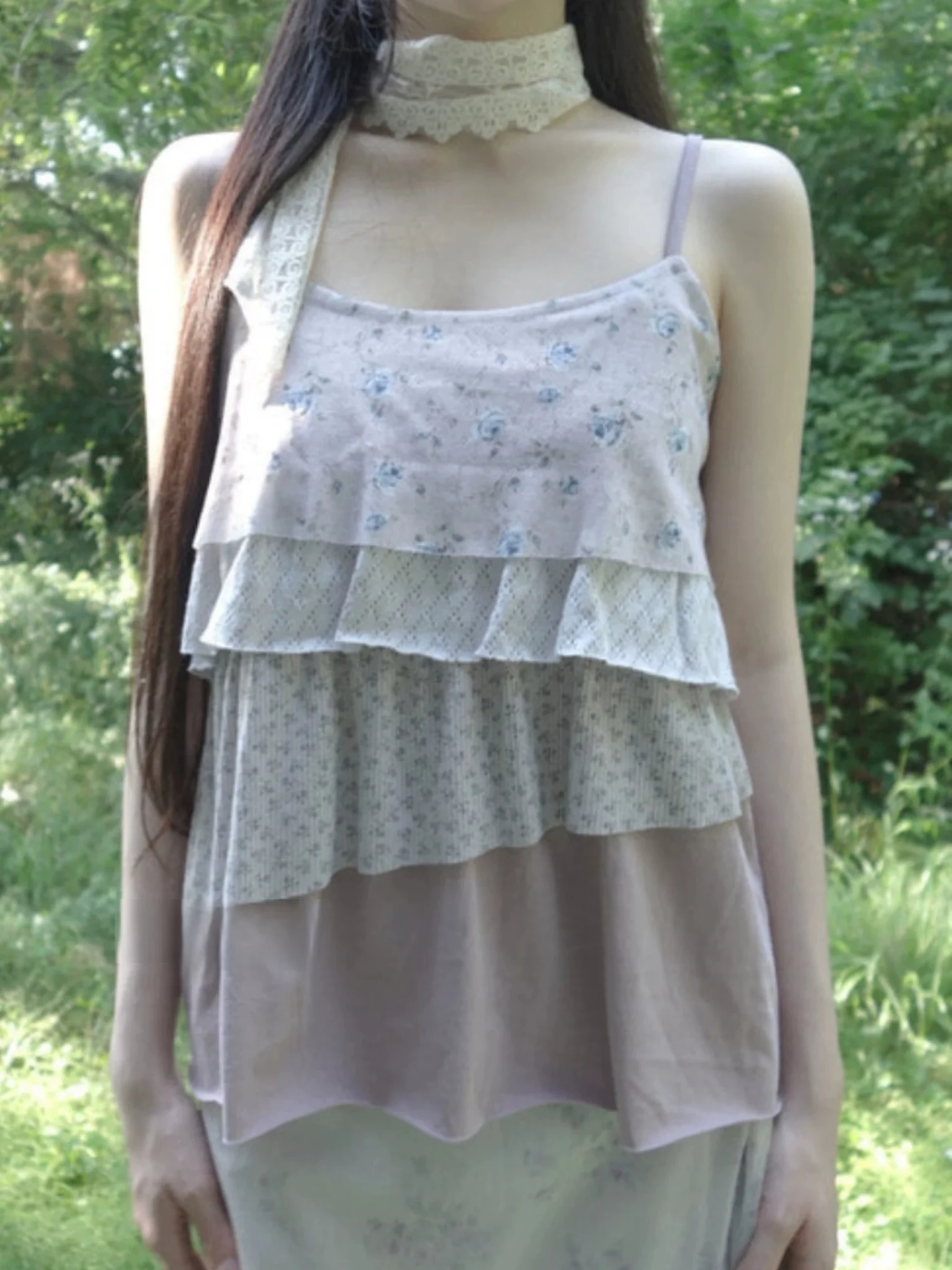Cute Casual Floral Print Mix Feel Summer Versatile Slimming SEI Lightweight Japanese Style Halter Top Women's Vest Blouse