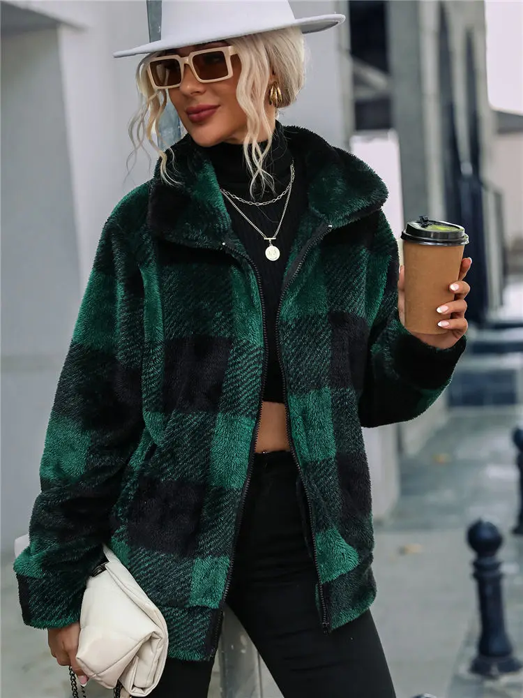 Winter Plaid Fuzzy Sweater Zipper Cardigan Women Warm Streetwear Vintage Checkerboard Sherpa Top Fleece Jacket