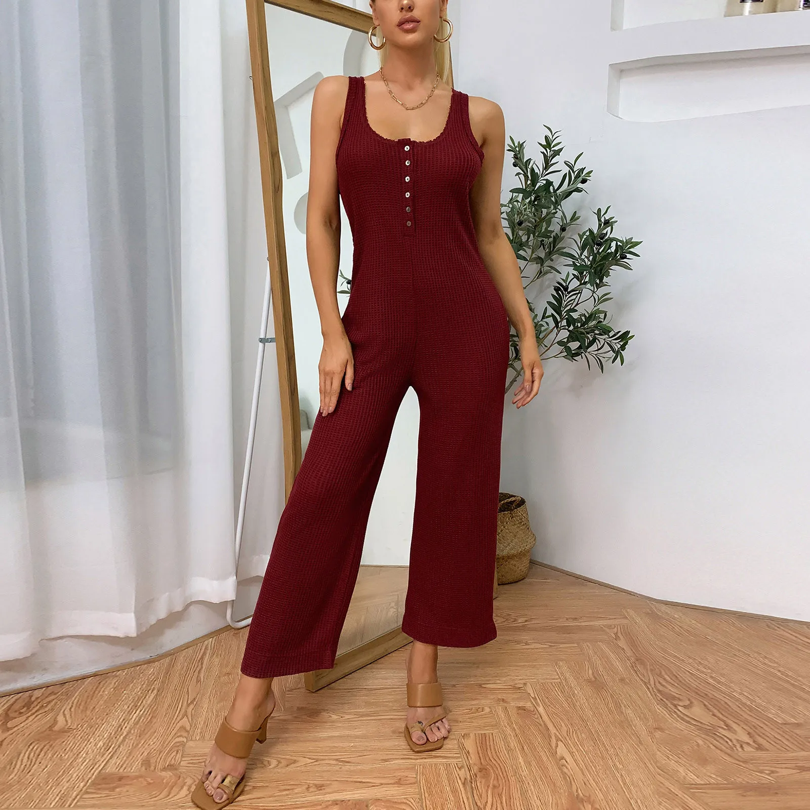 

Women's Casual Sexy U Neck Solid Color Long Jumpsuit For Summer And Spring Season High Waist Slim Fit Elegant Fashion Jumpsuits