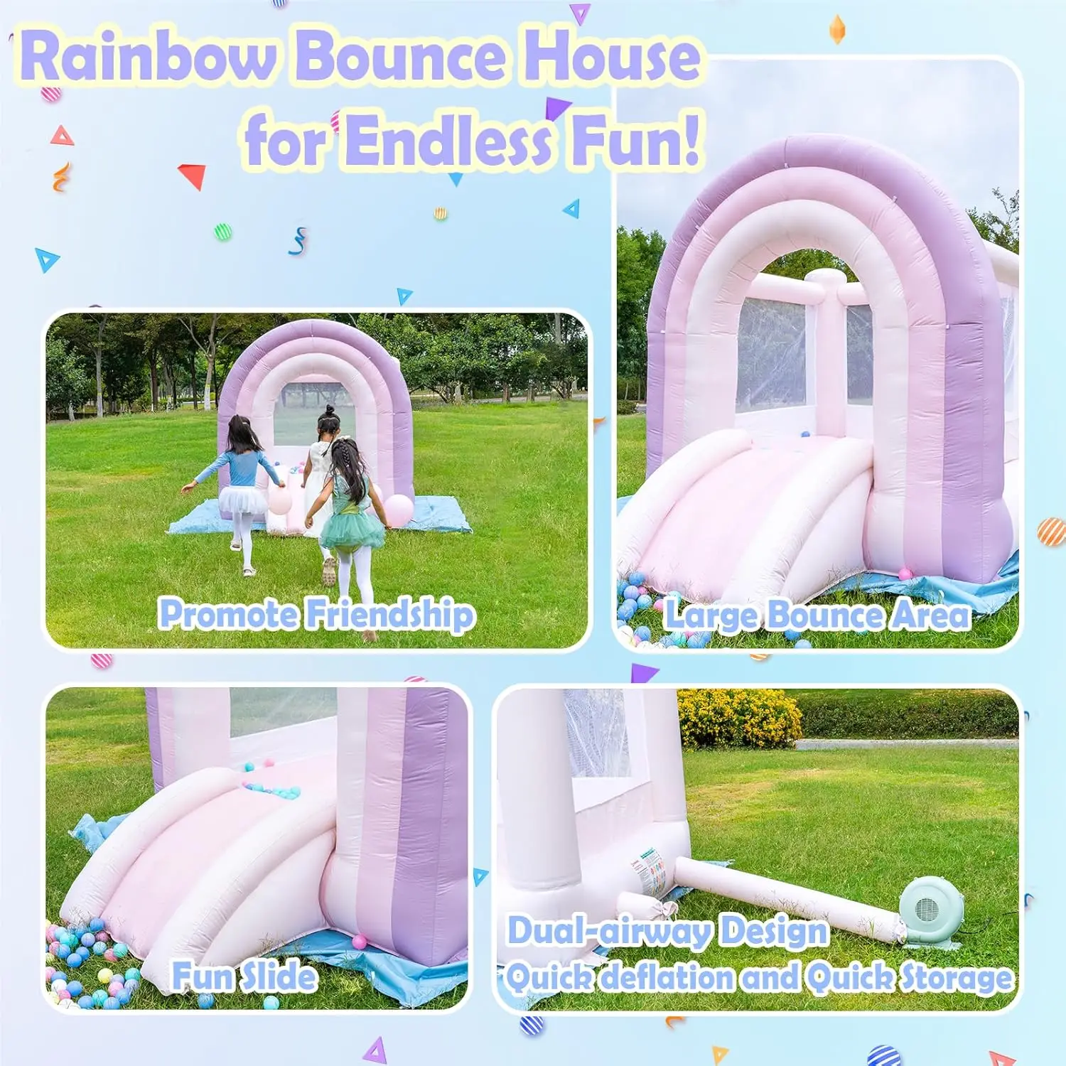 Casa de rebote mágica de arcoíris, casa de rebote para niños con tobogán, casa hinchable rosa para interiores y exteriores, soplador incluido, 8 pies de largo x 6 pies de ancho x 6 pies de ancho