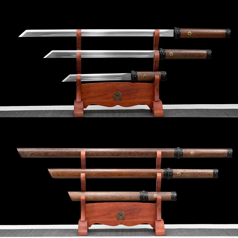 Chinese Tang Swords Set Rosewood Triple Knife High Hardness 60# Steel Full Tang Blade Kungfu Props No Sharp