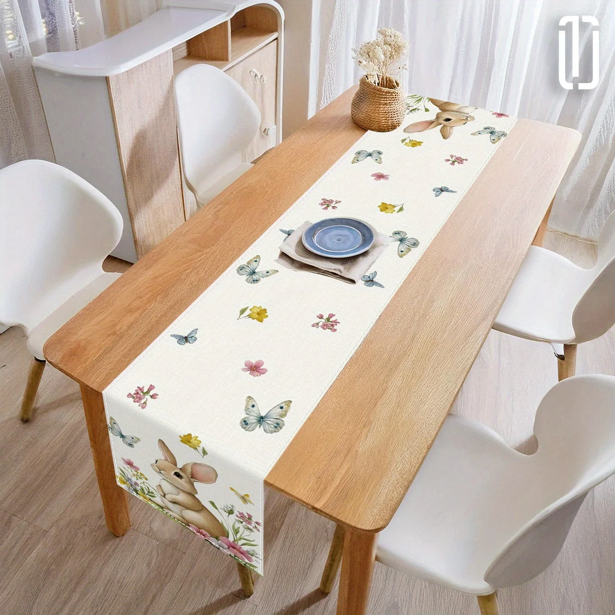 1Pc Easter Bunny Butterfly Floral Table Runner Fresh Pastoral Style Dining Table Decoration Long Cloth Polyester Table Arrangement Supplies