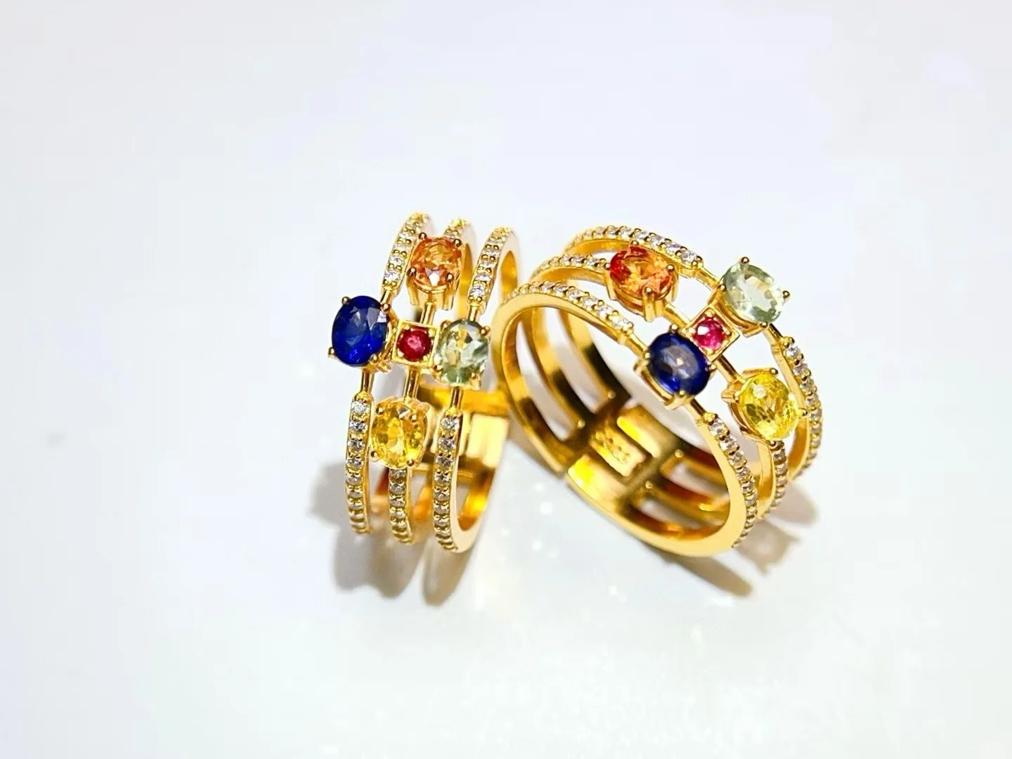 Certificate 925 Silver Natural Colorful Sapphire Three-layers Statement Rings Classic Luxury Elegant Womens Cocktail Jewellery
