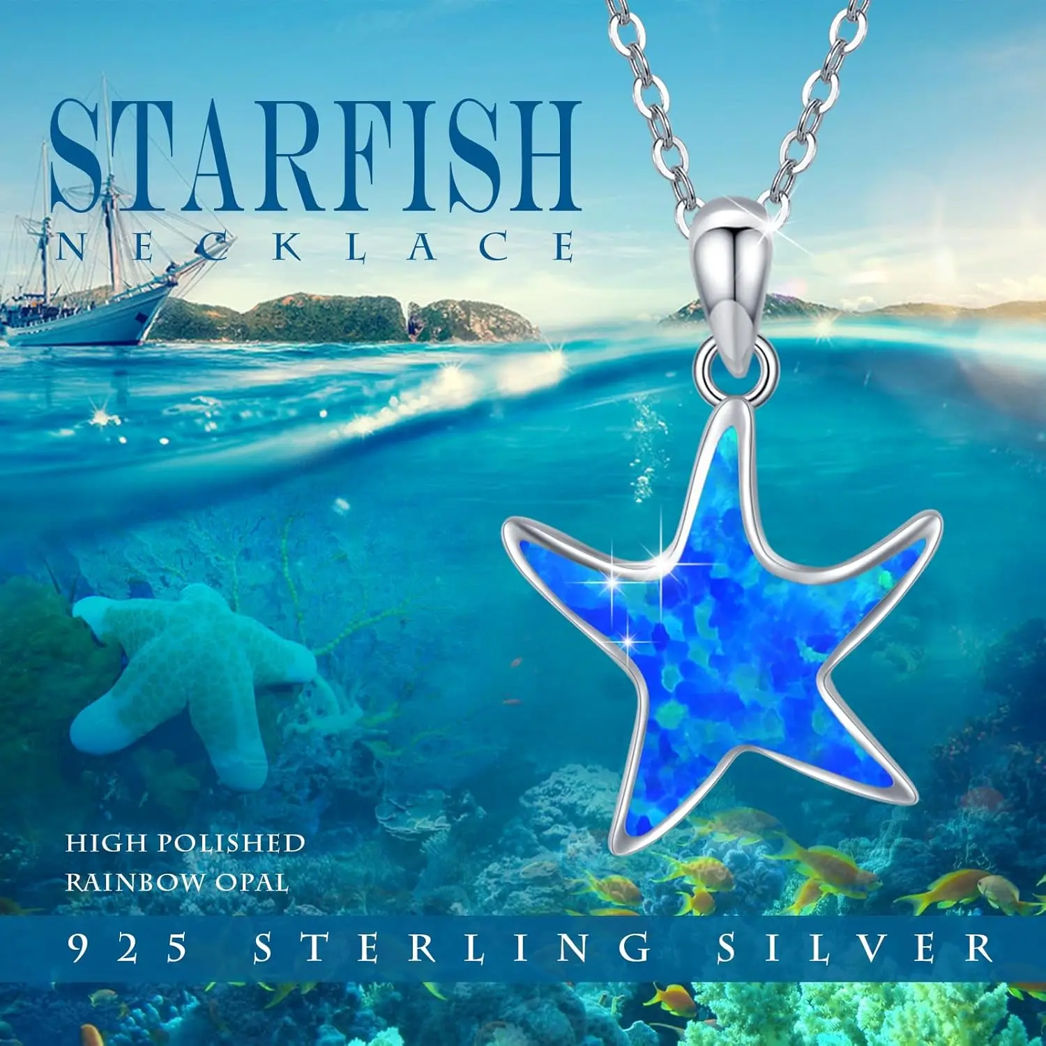 Blue Opal Starfish Silver Color Pendant Necklace Cute Beach Jewelry with Charm for Summer Holidays Graduate Gift For Daily Wear