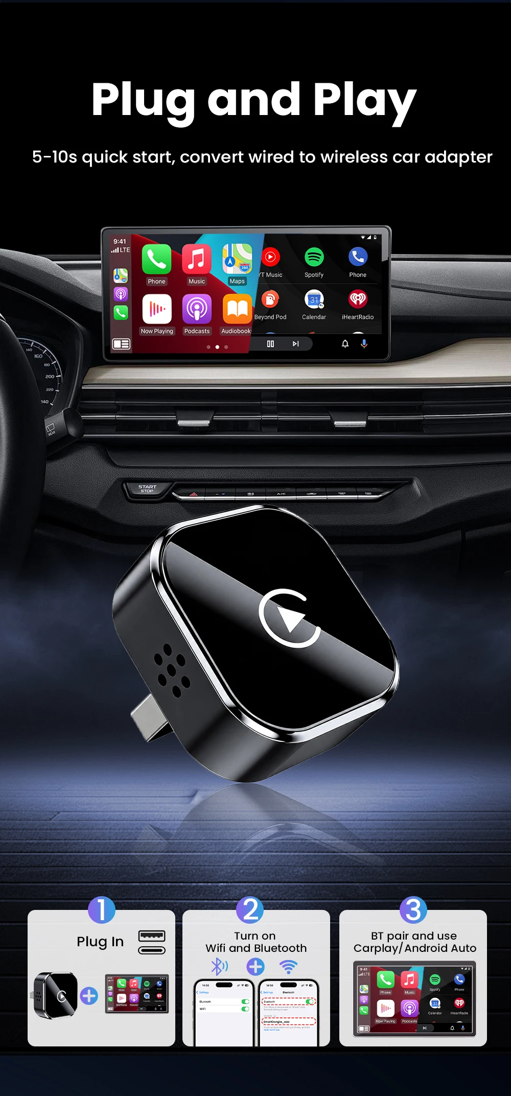 2-in-1 Kabelgebundenes zu Kabelloses CarPlay Android Auto AI Smart Box Plug-and-Play 5GHz WLAN für Fahrzeuge mit kabelgebundenem CarPlay-Intelligentesystem – Detail 3