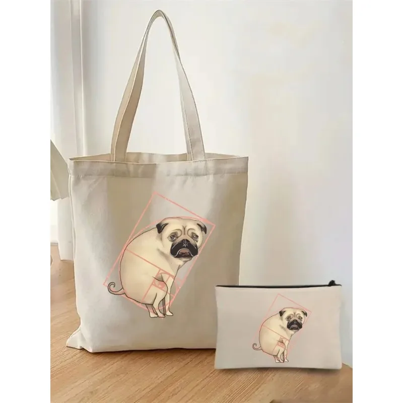 2pcs/set Pug Life Pug Anatomy Handbag Cosmetic Organizer Fashion Casual Shoulder Bag Eco Women\'s Shopping Bag Schoolbag