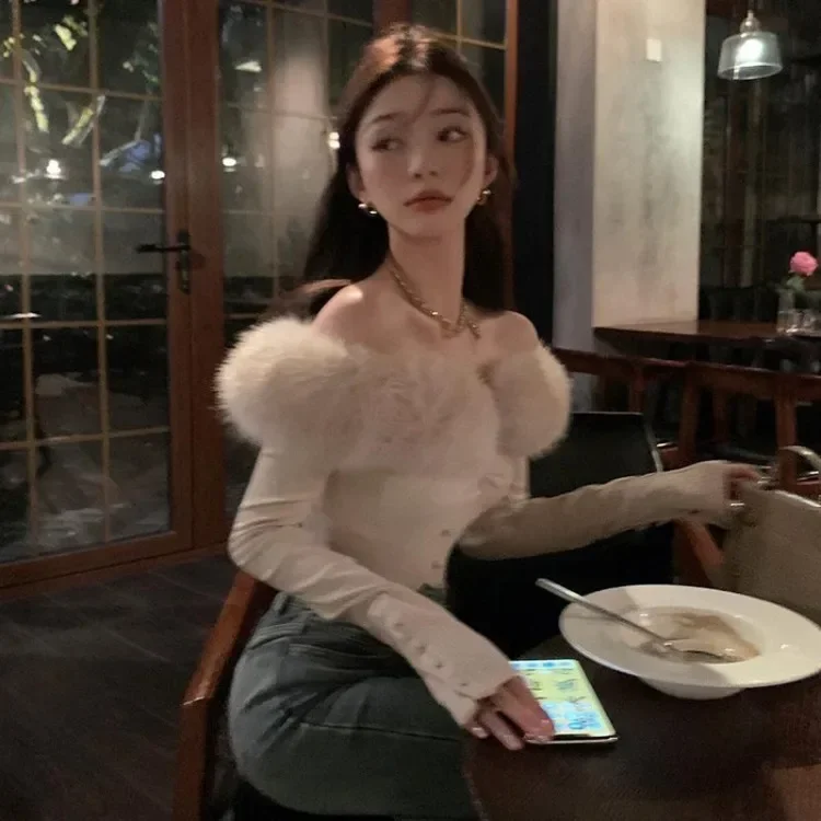 

Sexy Off Shoulder Long Sleeve Tops Mujer Y2k Slim Fit Knitted T-shirt for Women 2025 Early Autumn New Detachable Tee Shirt