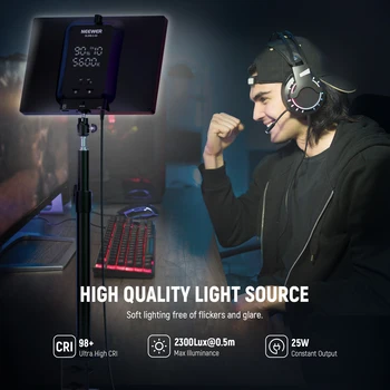 NEEWER 스트리밍 키 라이트, 2.4G RT100 원격 및 PC/Mac 앱 제어, 25W, 2300Lux/0.5m 2900K-7000K CRI98 + 비디오 라이트, 12.9 인치 