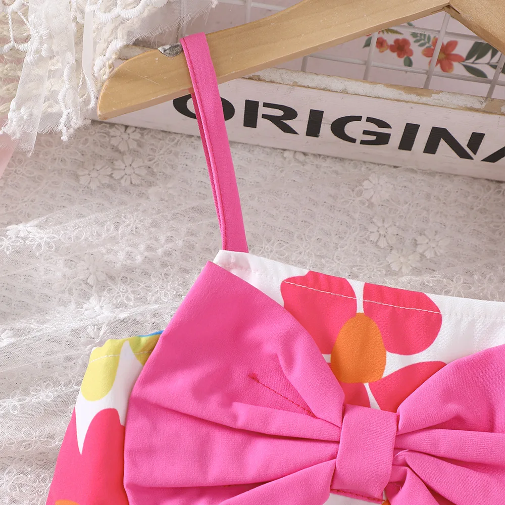 Kids Casual Dress for Girls Clothes Summer New Toddler Cute Floral Print Pink Bowknot Cami Dress Fashion Children Holiday 2-8Y