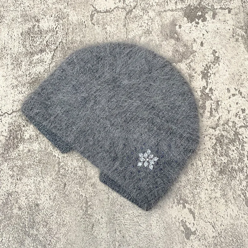 2023 neue Luxus Strass Beanie Hüte Frauen Winter Mode Warme Echt Kaninchen Fell Stricken Hüte Erwachsene Ohr Schutz Abdeckung Kopf kappe – Detail 22