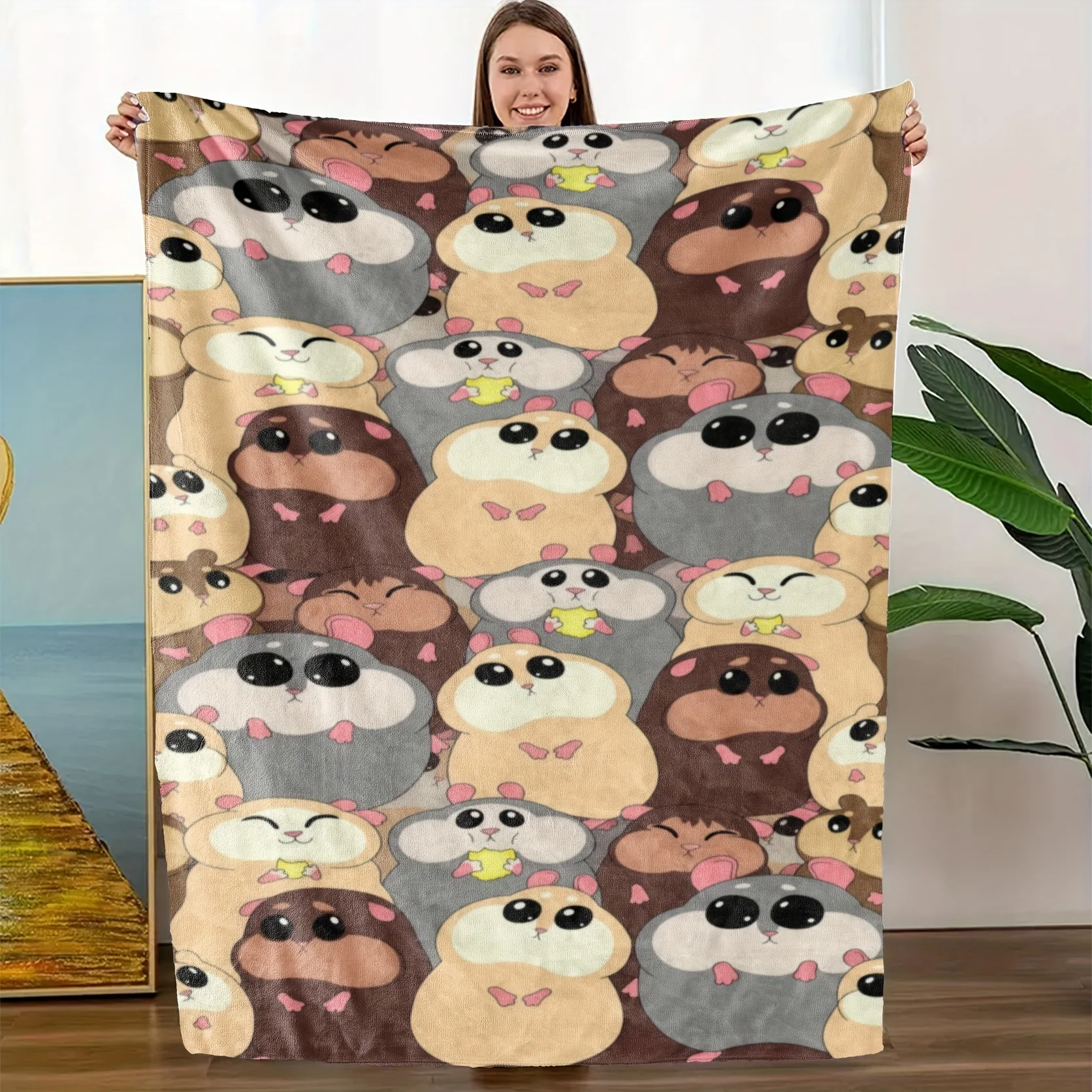 

Cute hamster pattern Flannel printed blanket suitable for all seasons suitable for living room office sofa and travel 180x250CM