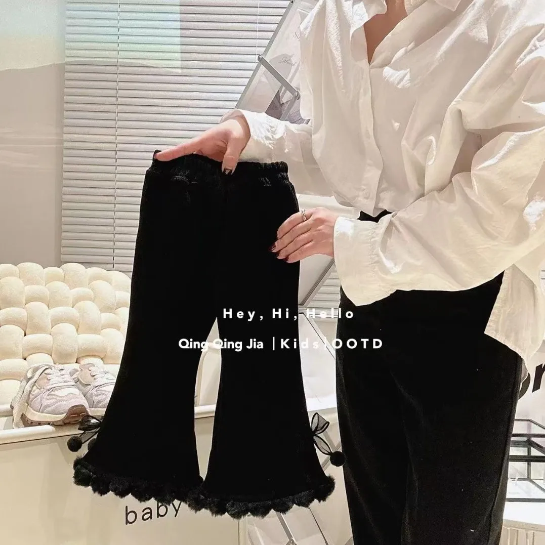 Cordhosen für Mädchen im koreanischen Stil – samtdicke ausgestellte Leggings für Herbst-Winter-lose Hosen für Kinder – Detail 2
