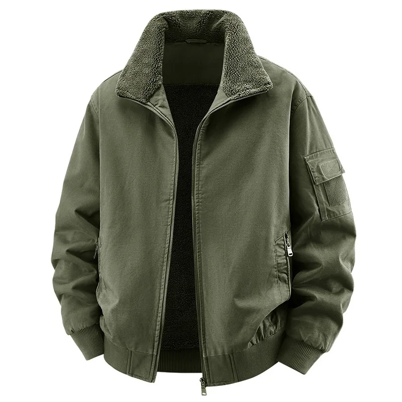 

Men Jacket Autumn Winter Vintage Solid Color Long Sleeve Male Plush Coat Turn Down Collar Warm Windproof Man Bomber Outerwear