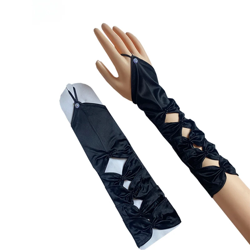 

Women's hollow hook finger bow etiquette satin gloves mid-length embroidered beads evening dress fingerless gloves