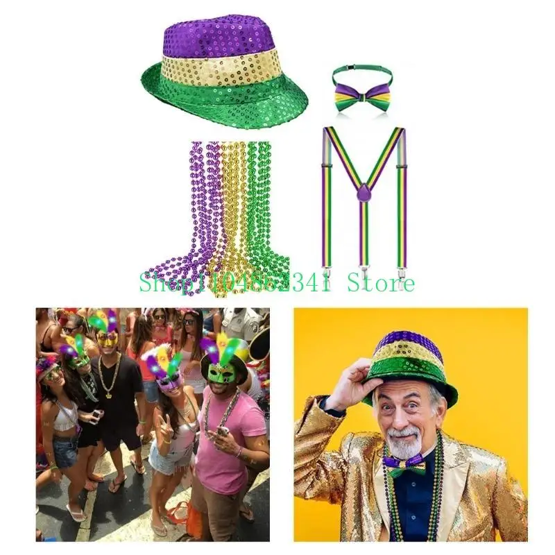 652F Mardi Gras Celebration Costume Set Fedora Hat Masquerade Party Festival Supplies