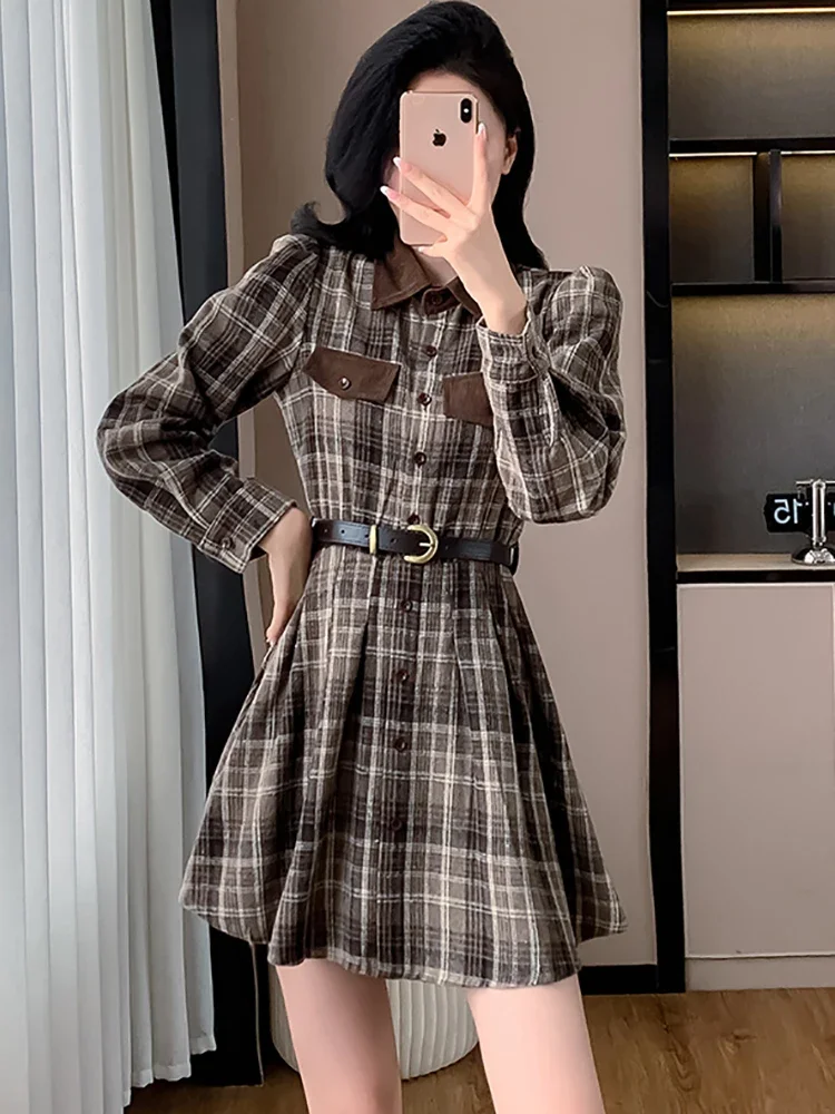 Women Fashion Plaid Long Sleeve Polo Collar Shirt Dress Autumn Winter Elegant Bandage Bodycon Dress 2024 Korean Chic Party Dress