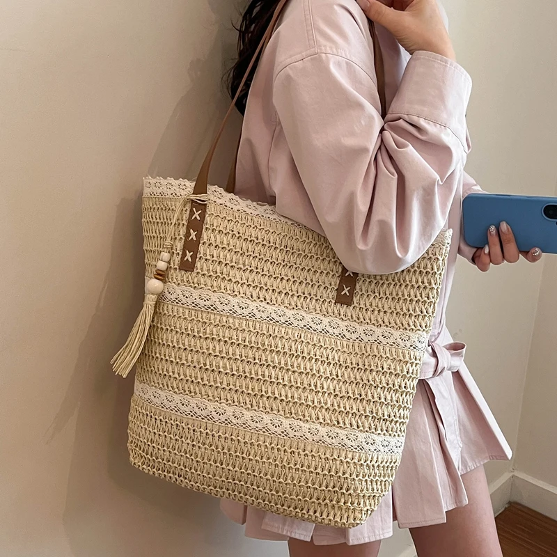 Straw Shoulder Bag Large Capacity Versatile Tote Handbag Multi-Purpose Trendy Beach Bags Commuting Work Seaside Handbags
