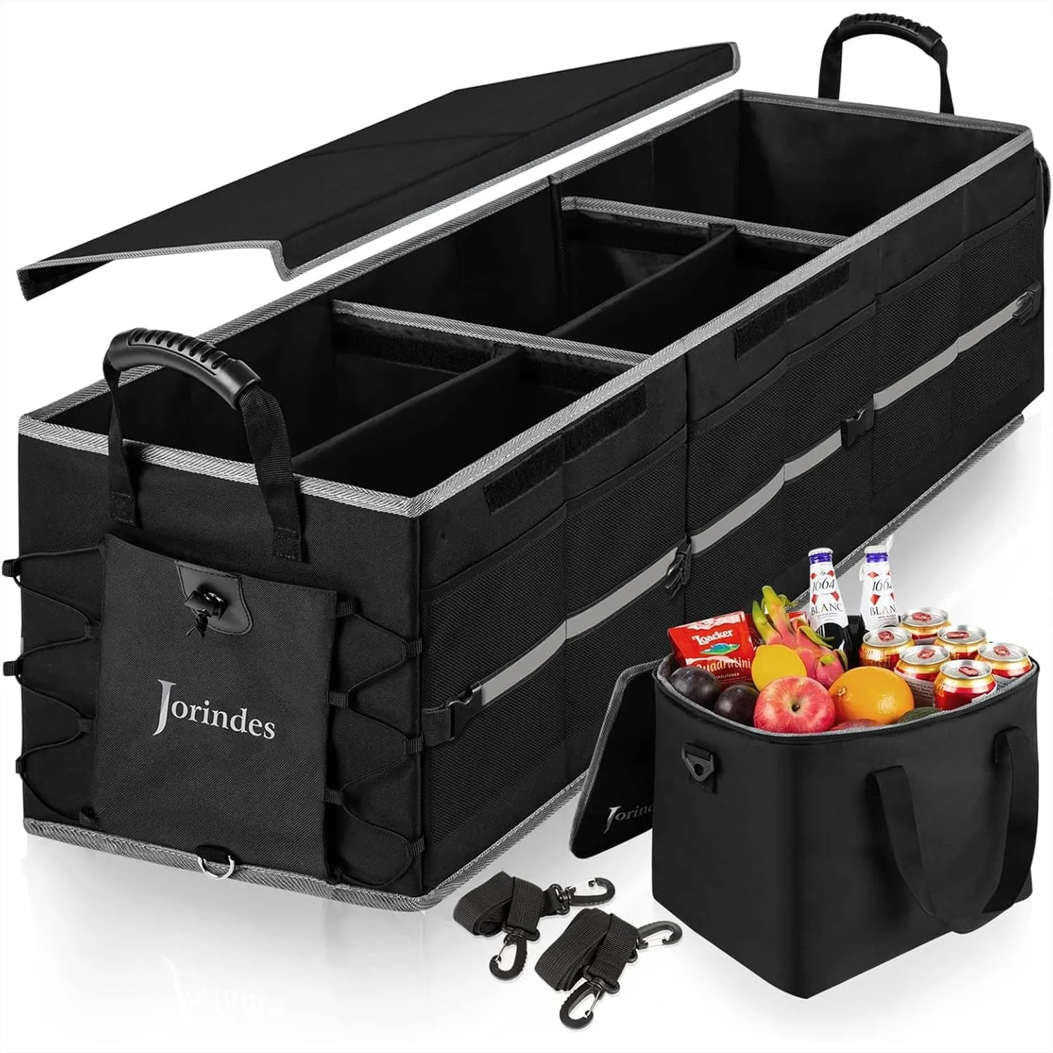 

Collapsible Trunk Organizer for Car with Insulated Leakproof Cooler Bag, 3 Compartments SUV Cargo Organizer Removable Dividers