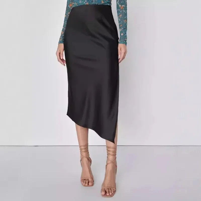 

Women's Satin Skirt Sexy Asymmetrical High Waist Elastic Maxi Skirt Fashion Solid Color Elegant Party Women's Slit Skirt
