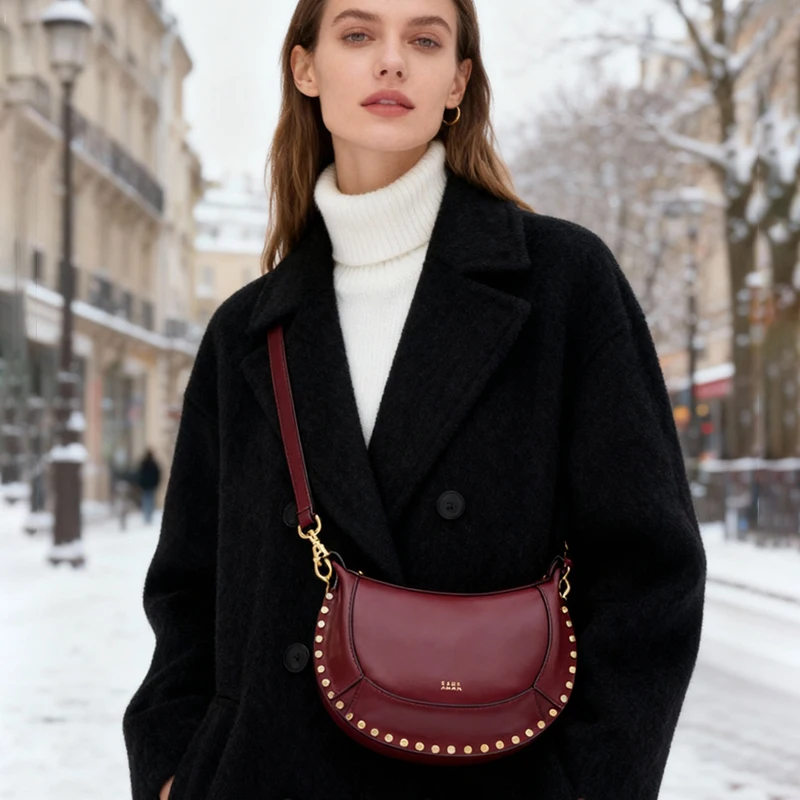 حقيبة كتف نسائية كلاسيكية على شكل نصف قمر مرصعة بالذهب وتصميم قديم، حقيبة كروس/محمولة باليد/حزام واحد، كاجوال أنيق من جلد البولي يوريثان