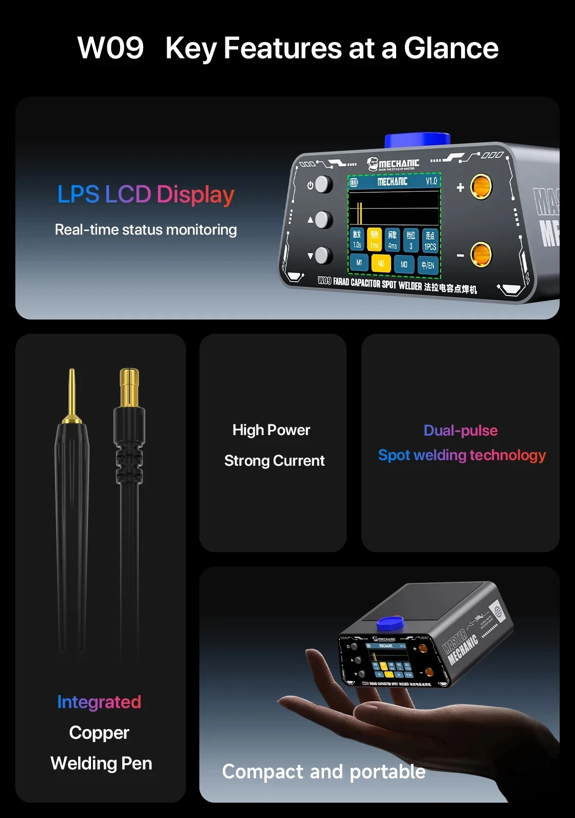 Mechanic W09 Farad Capacitor Welding Machine Double Pulse Spot Welding Pen DIY Battery Pack Control Board Nickel Tool
