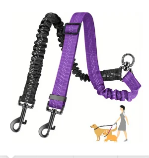 Double Dog Leash for Two Dogs - 2-in-1 Upgraded Double Leash for Two Dogs with Adjustable Strap & Shock Absorbing Bungee, No Tan