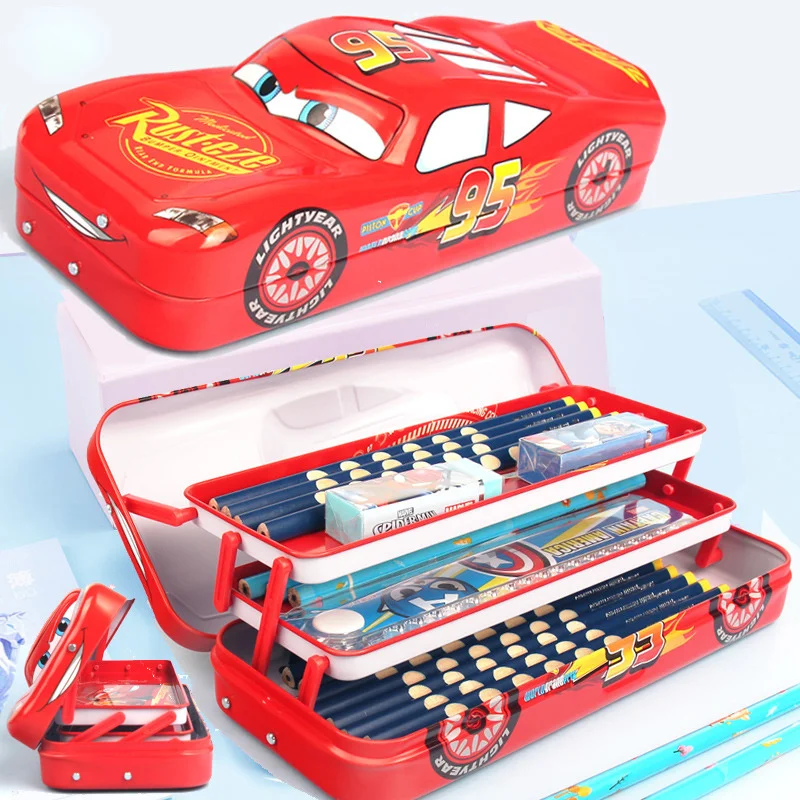 Disney Pixar Cars กล่องดินสอเด็กกล่องเครื่องเขียนขนาดใหญ่ความจุ McQueen รถสามมิติกล่องดินสอของขวัญอนุบาล