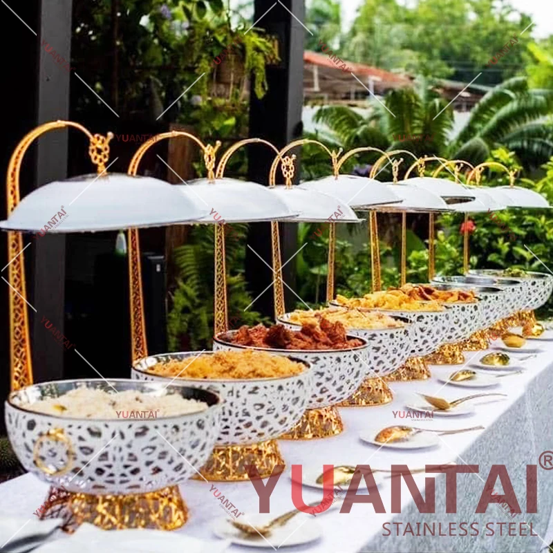 

Hotel wedding 8.0L stainless steel food heater gold buffet alcohol heating round hot pot