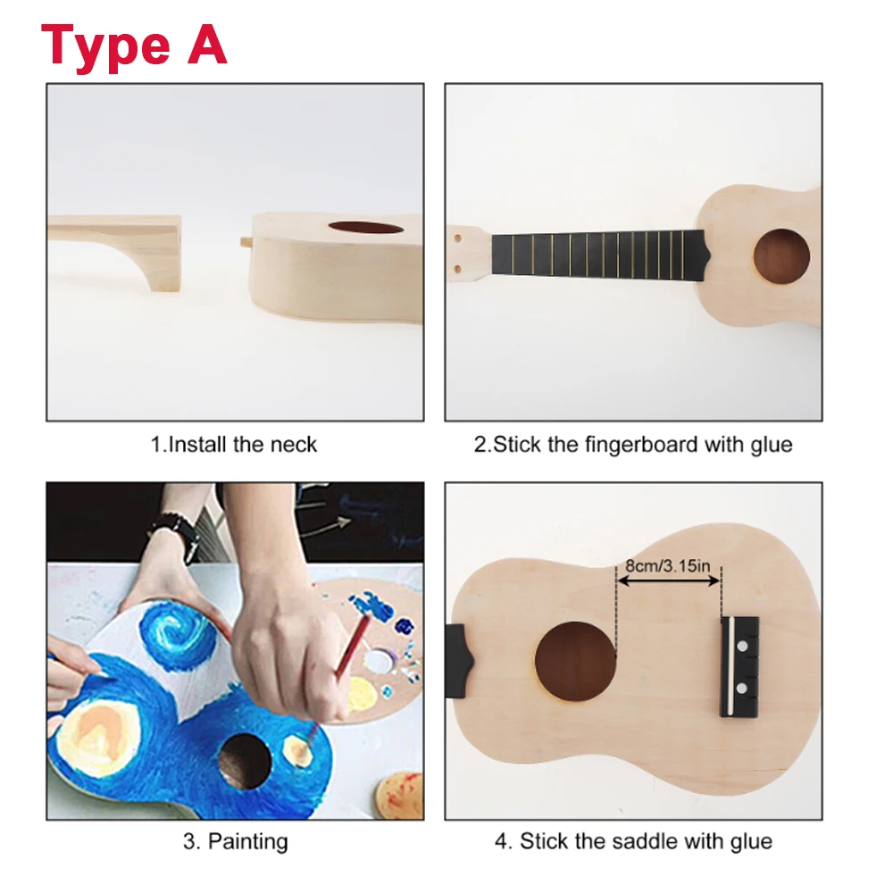 DIY Ukulele  21 Inch  Kit Deer Sound Hole Basswood Soprano Hawaii Guitar Handwork Painting for Parents-child Campaign