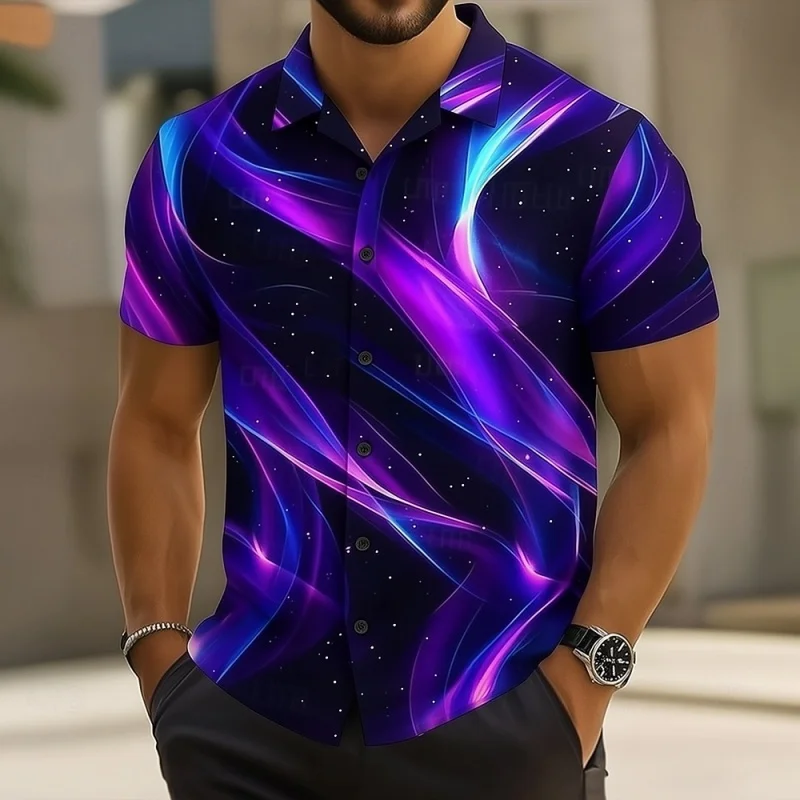 

Мужская гавайская рубашка с цветным полосатым узором, 3D-принтом цветов, короткими рукавами, летняя уличная блузка, пляжная одежда, рубашка в стиле алоха.