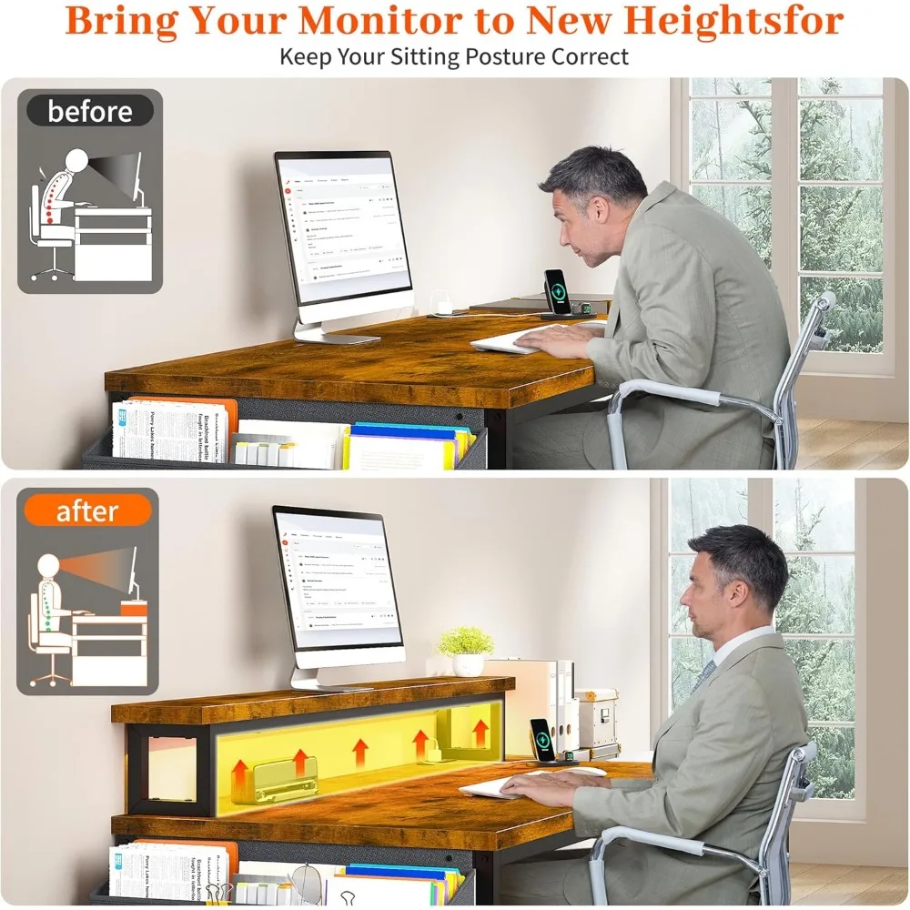 57" Computer Desk with File Drawers Cabinet,Office Desk with Shelves Monitor Stand,Study Writing Gaming Desk with Power Outlets