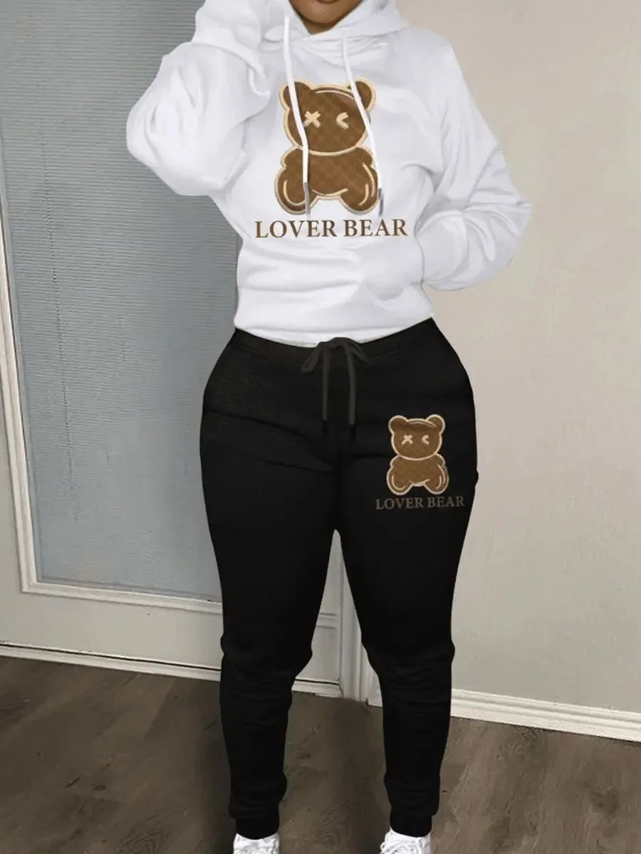 Lovely Bear Letter Print Kangaroo Pocket Long Sleeve Hooded Workout Set + Female Drawstring Pants Two Pieces Matching Suits 2024