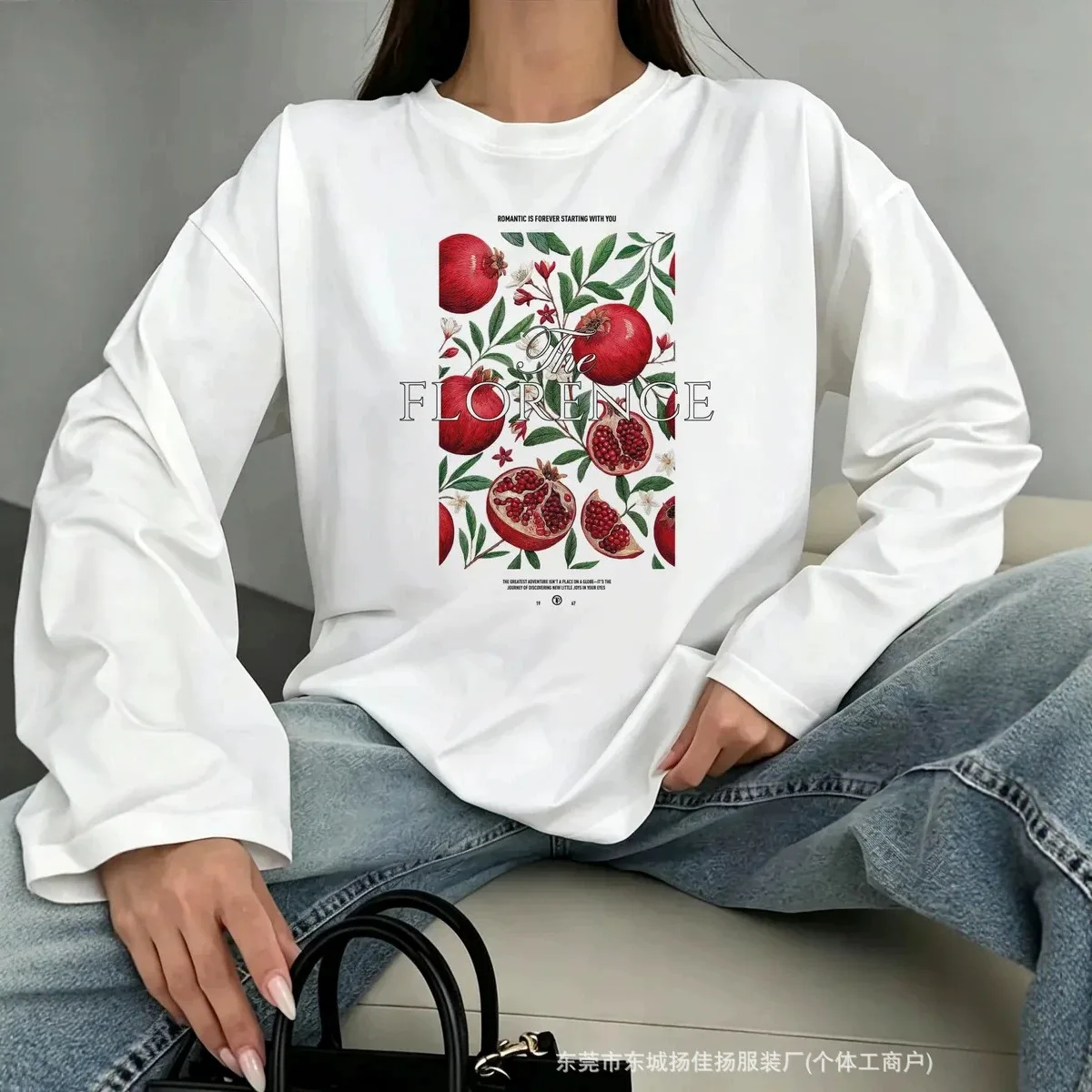Vintage The Florence Pomegranate Botanical Print Cotton Long Sleeve T Shirt Women Retro Floral Oversized Crew Neck Casual Top