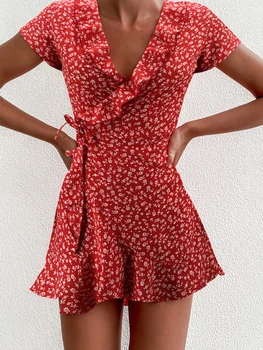 Vestido floral feminino de verão, linha a, doce, elegante, floral, babados, decote em v, bandagem, vestido curto para mulheres, chique, flores, mini vestido