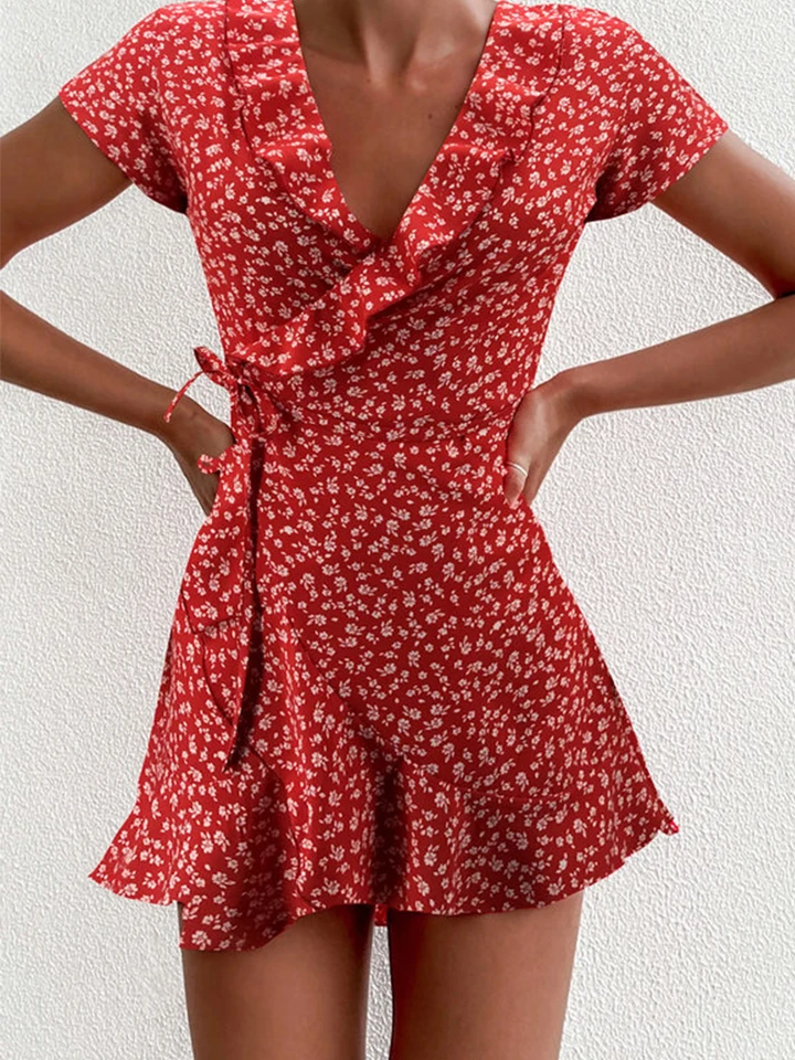Vestido de Verano para Mujer Corte A-Line Elegante con Flores y Volantes, Escote en V, Corto y Chic