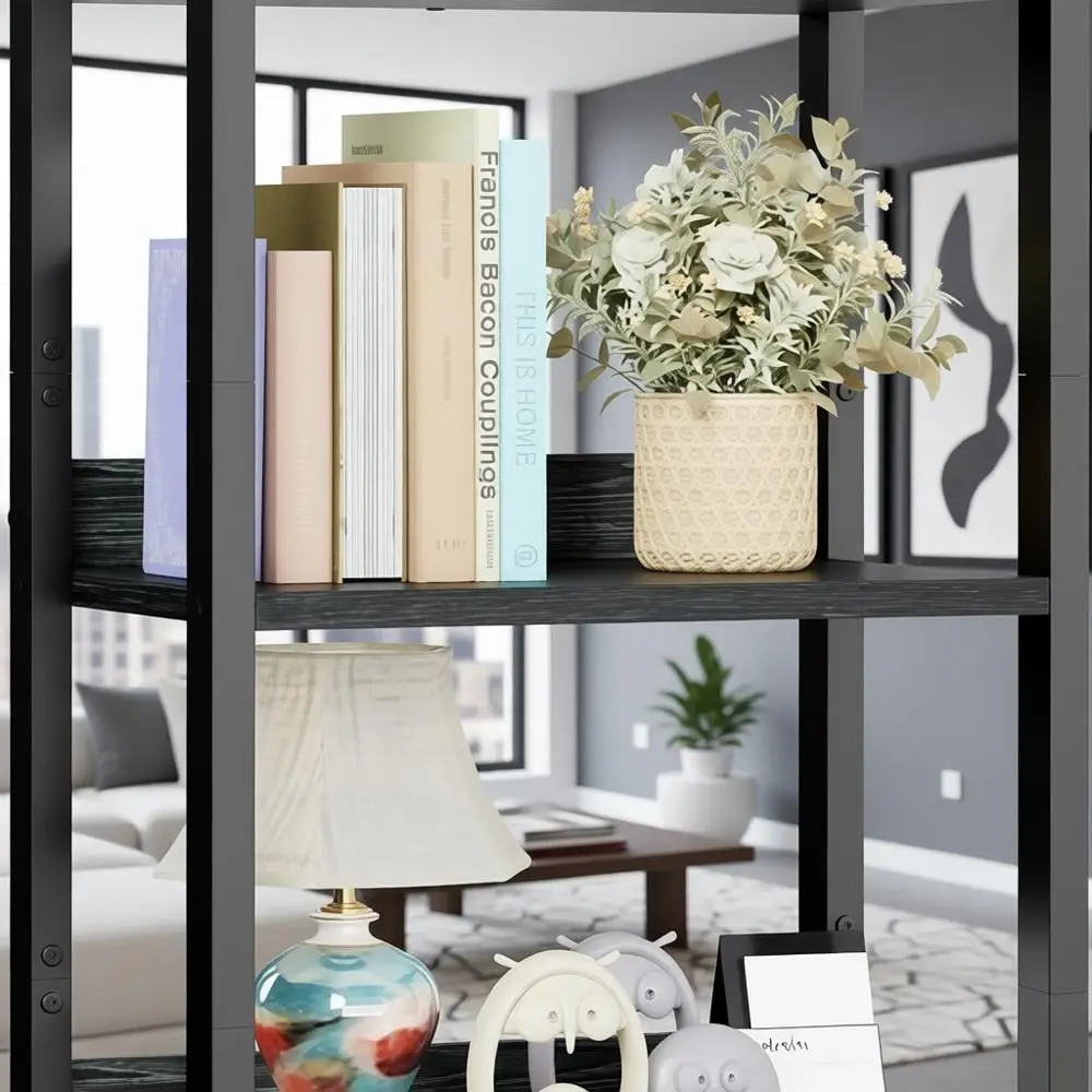 

5-Tier Bookshelf with Drawer, Kitchen Bakers Rack Storage, Tall Narrow Bookcase, Industrial Freestanding Display Shelf, Wood Met