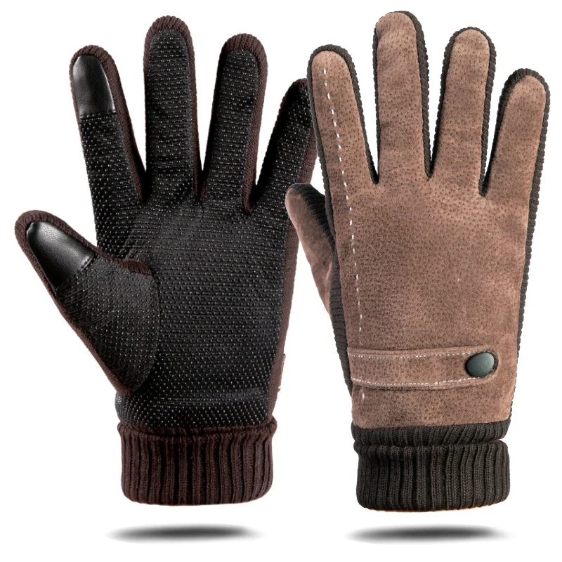 Winter Men's Gloves Suede Keep Warm Touch Screen Windproof Driving Guantes Thick Plush Anti Slip Outdoor Male Leather Gloves